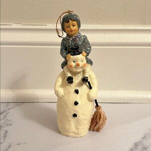Vintage Off-White Snowman Christmas Ornament with Boy